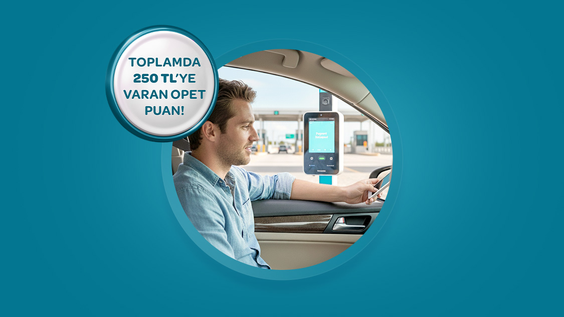 Opet’te Araçta Ödeme ile tek seferde yapacağınız ilk 1.250 TL ve üzeri harcamanızdan sonraki her 1.250 TL ve üzeri harcamanıza 25 TL, toplam 250 TL’ye varan Opet Puan!