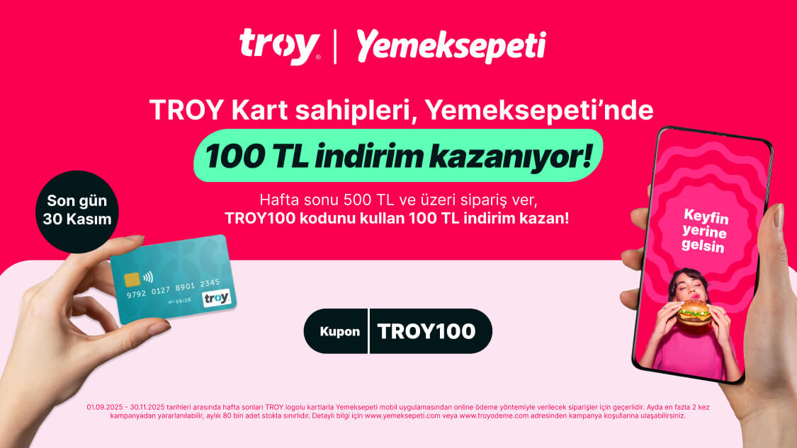 TROY logolu Yapı Kredi kartlarıyla Yemeksepeti’nde hafta sonları yapacağınız 500 TL ve üzeri harcamalarınıza 100 TL indirim fırsatı!