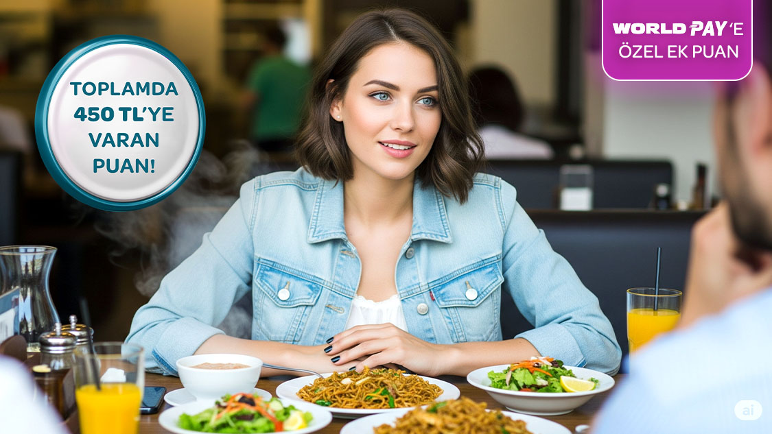 Restoran sektöründe World Üye İşyerleri’nden yapacağınız her 2.000 TL harcamaya 100 TL, World Pay ile ödemlerde ek 50 TL, toplamda 450 TL’ye varan Worldpuan hediye!