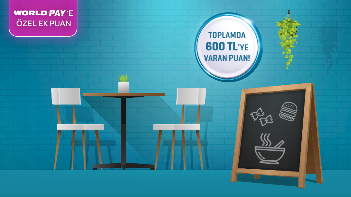 Restoran sektöründe yapacağınız her 2.000 TL harcamaya 150 TL, World Pay ile ödemlerde ek 50 TL, toplamda 600 TL’ye varan puan hediye!