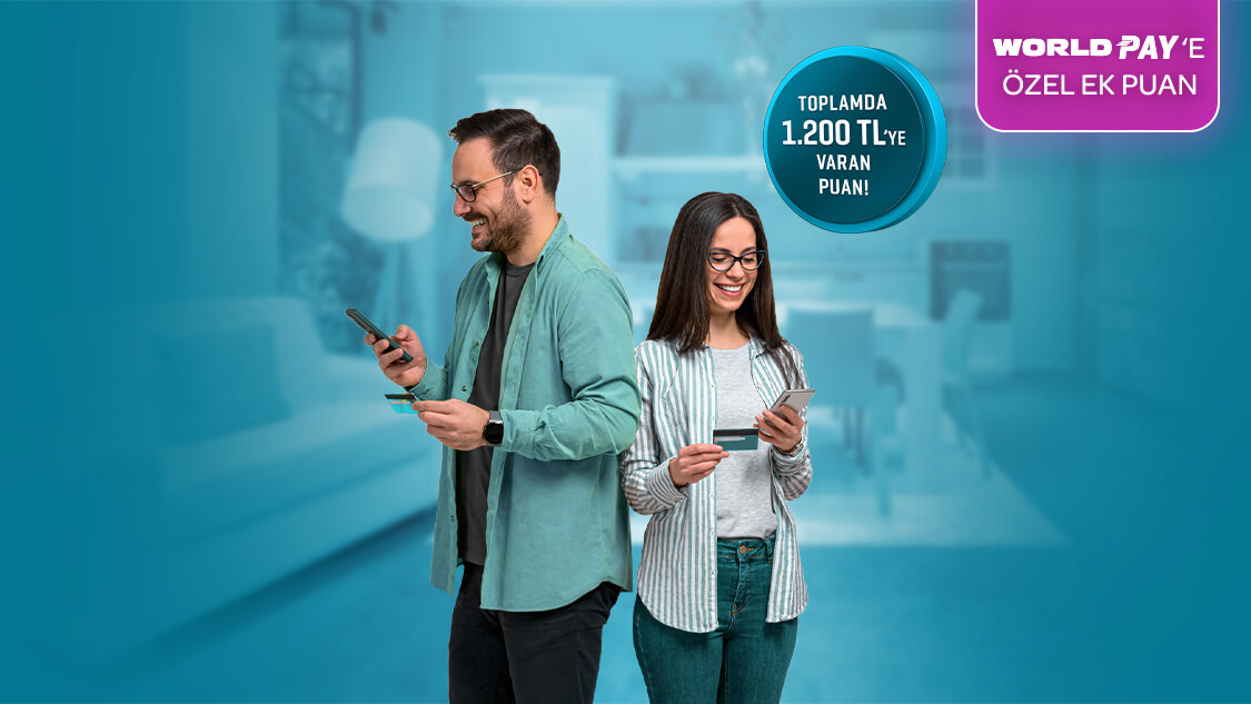 Seçili e-ticaret platformlarından tek seferde yapacağınız her 2.500 TL ve üzeri alışverişinize 150 TL, World Pay ile ödemelere ek 50 TL, toplamda 1.200 TL’ye varan Puan fırsatı!