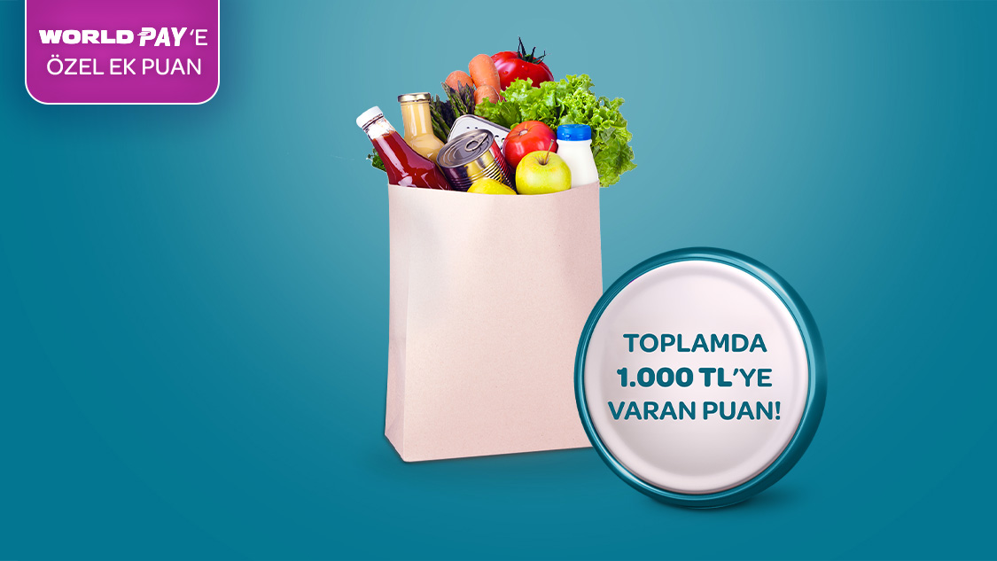 Gıda marketi alışverişlerinizde tek seferde yapacağınız her 2.000 TL ve üzeri alışverişlerinize 80 TL’ye, World Pay ile ödemelerde ek 20 TL’ye, toplamda 1.000 TL’ye varan Puan fırsatı!