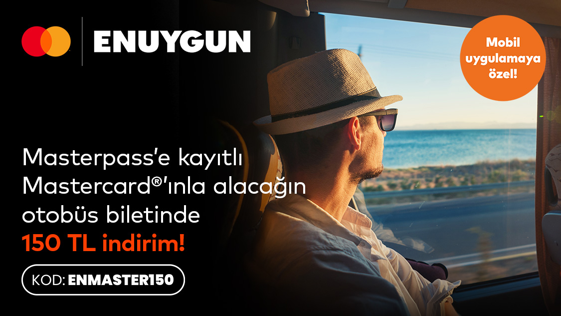 Mastercard logolu Yapı Kredi kart sahiplerine ENUYGUN.com mobil uygulamasından yapacakları ilk otobüs bileti alımına 150 TL indirim!